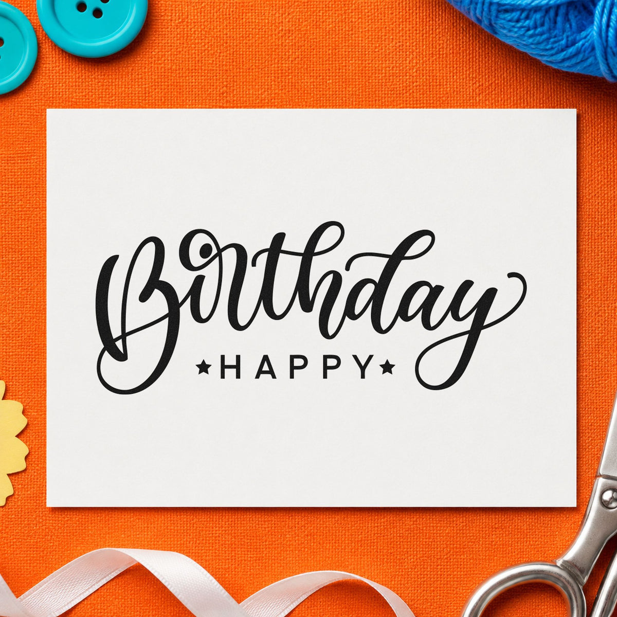 Birthday Happy Reversed Layout craft stamp in black ink on cardstock, an easy option for shop year album page.