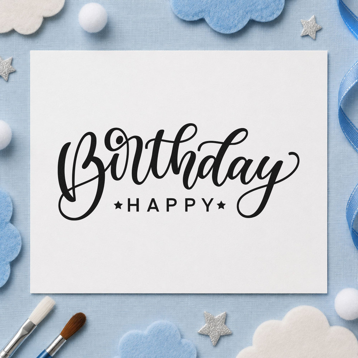 Birthday Happy Reversed Layout craft stamp imprint in black ink on a handmade project, one idea being print pack gift tags.