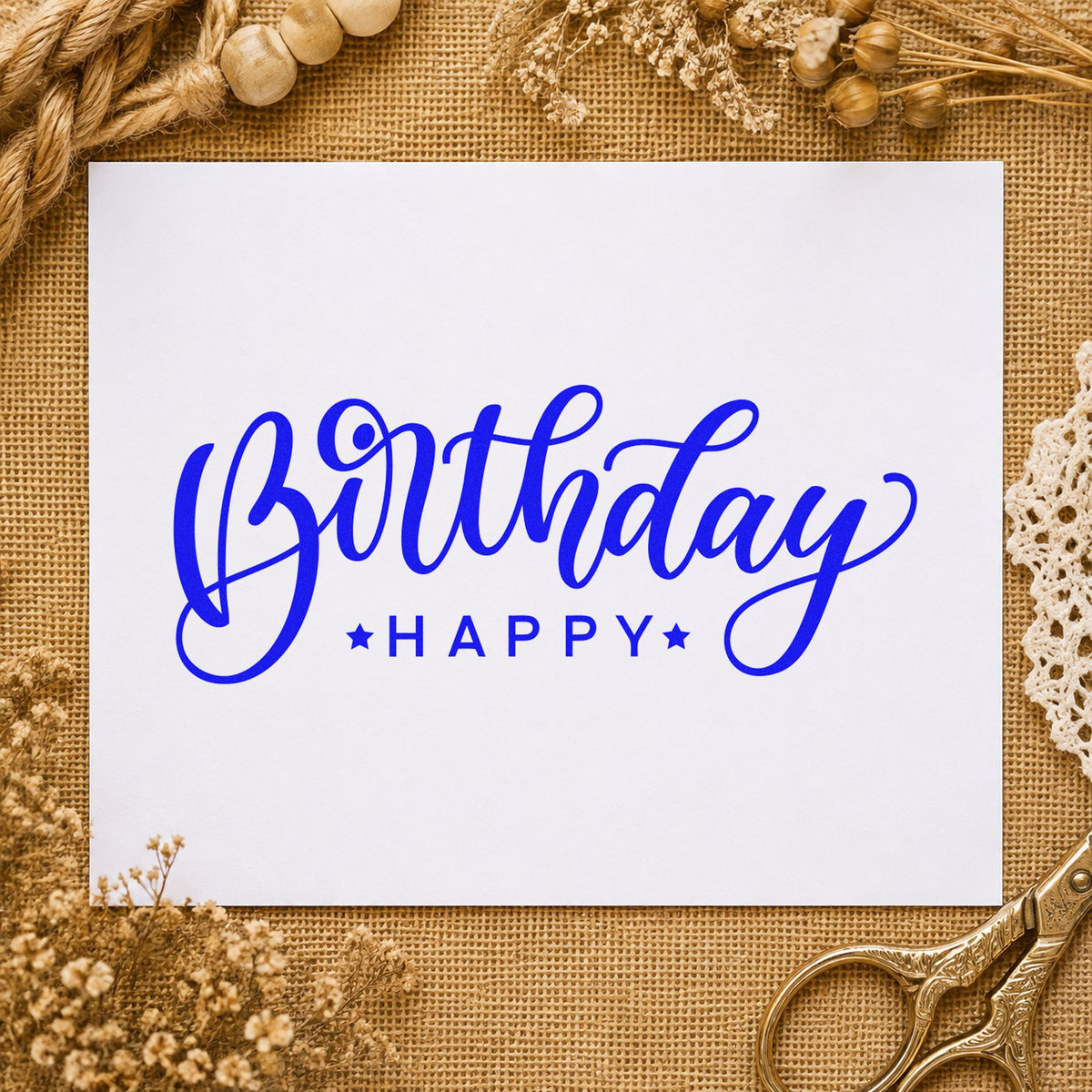 Birthday Happy Reversed Layout craft stamp in blue ink on cardstock, an easy option for desk runner printing.