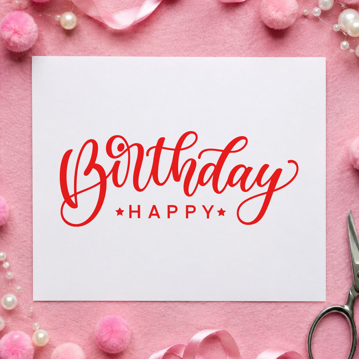 Birthday Happy Reversed Layout craft stamp imprint in red ink on a handmade project, one idea being thank you cards.