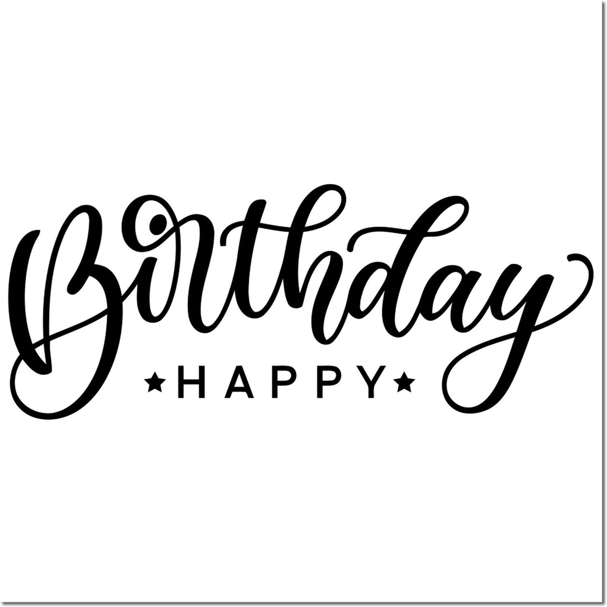 Black Birthday Happy stamp and seal design with script lettering, stars, on a white background.