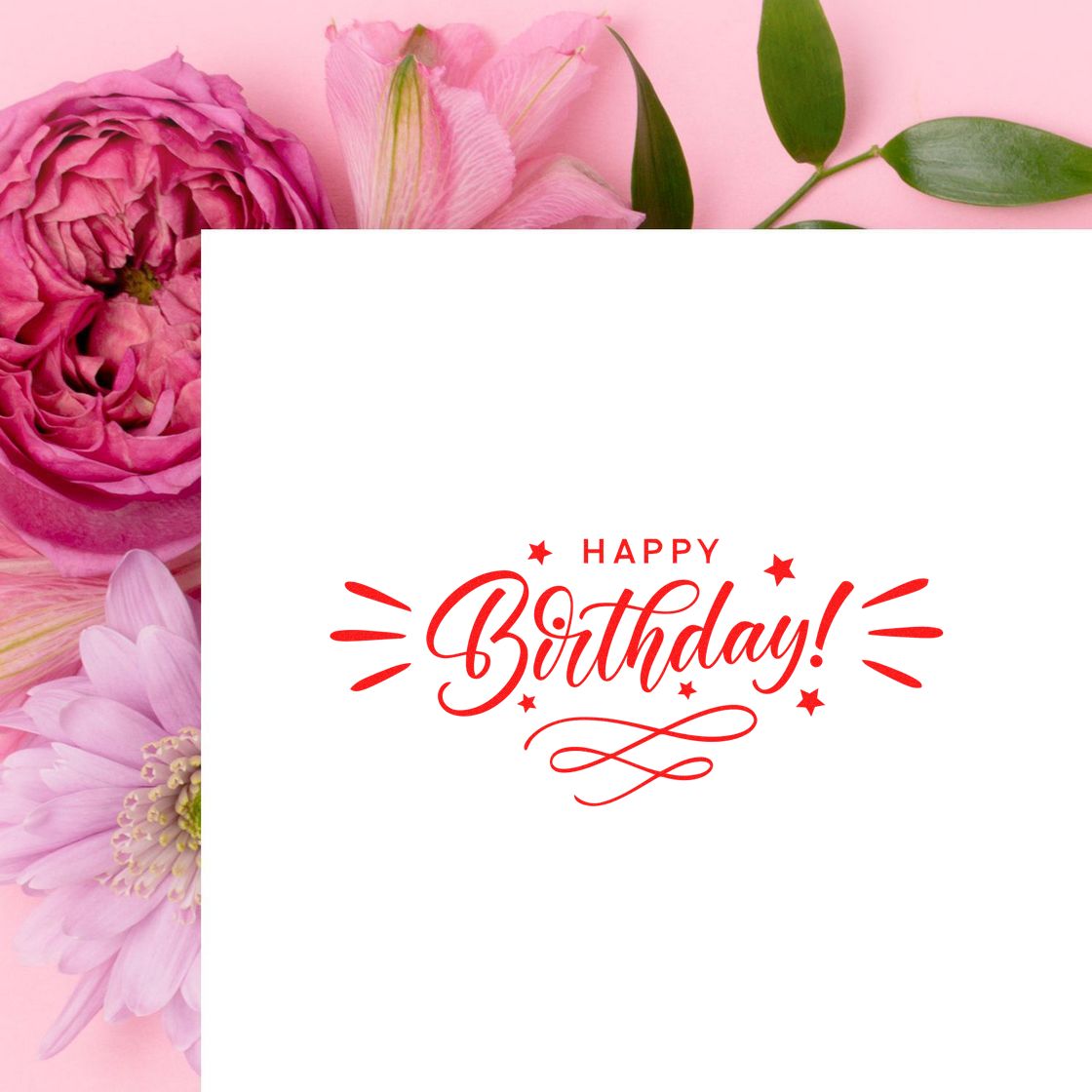Red Happy Birthday stamp seal on white card, framed by pink flowers and green leaves on a soft pink background.