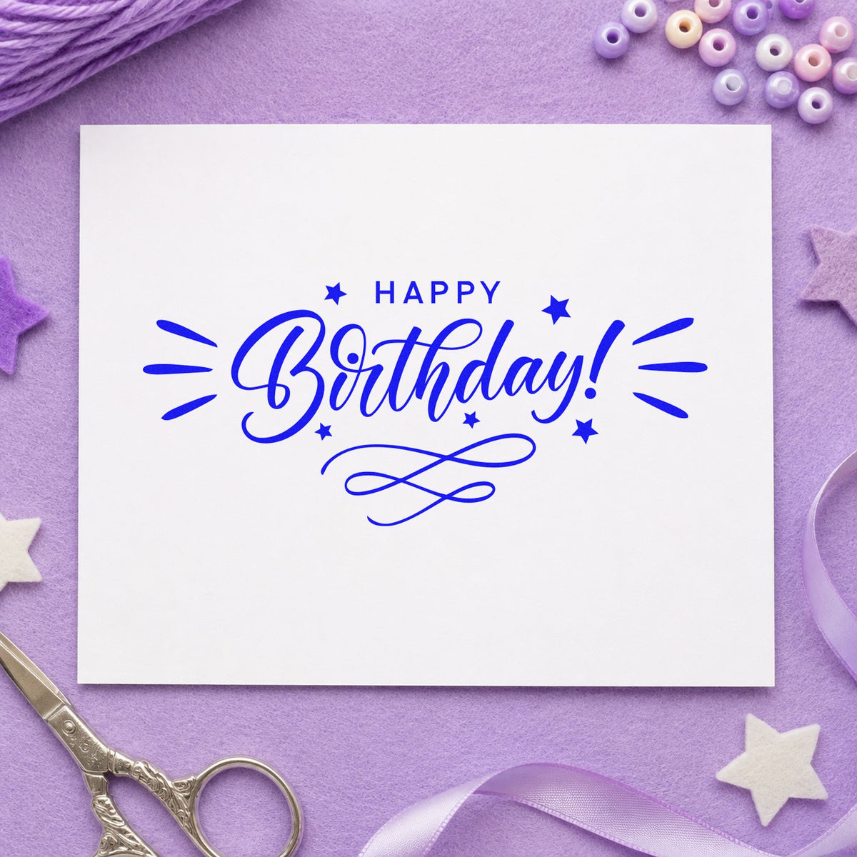 Birthday Decorative Swirl Accent craft stamp in blue ink on cardstock, an easy option for break room printing.