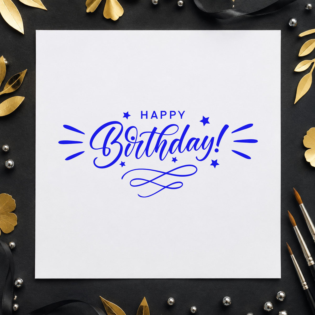 Birthday Decorative Swirl Accent craft stamp imprinted in blue ink on paper, a design suited to framed break room.