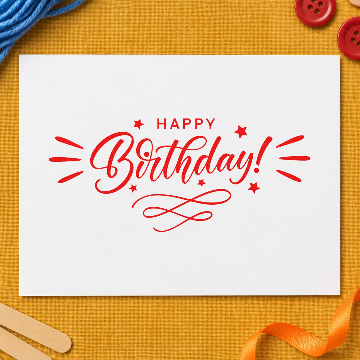 Birthday Decorative Swirl Accent rubber stamp shown in red ink, stamped for projects such as bin party labels.