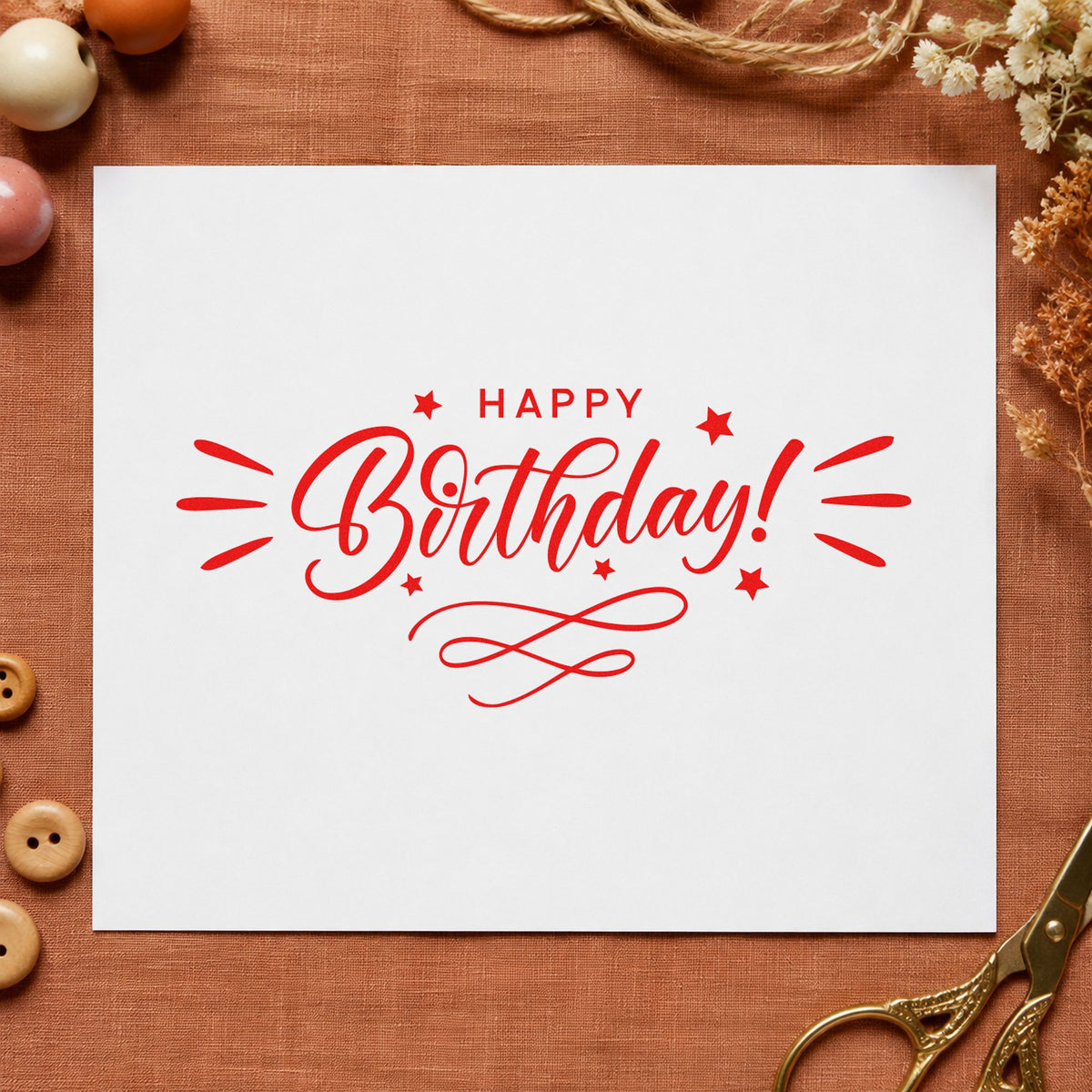 Birthday Decorative Swirl Accent craft stamp imprint in red ink on a handmade project, one idea being group sign cards.