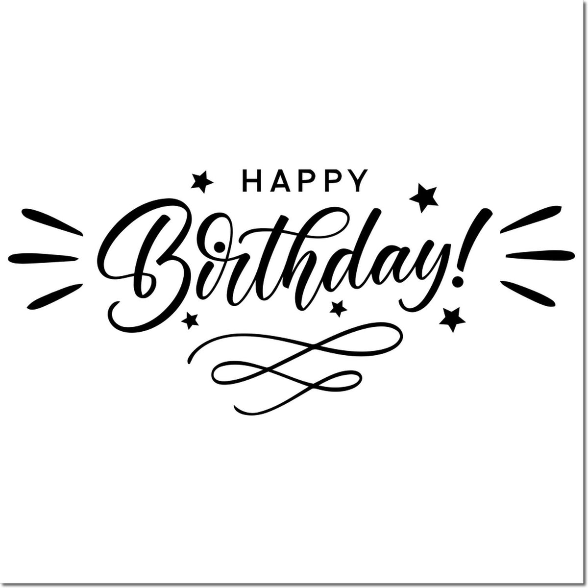 Black Happy Birthday stamp seal with stars and decorative swirls on a white background.