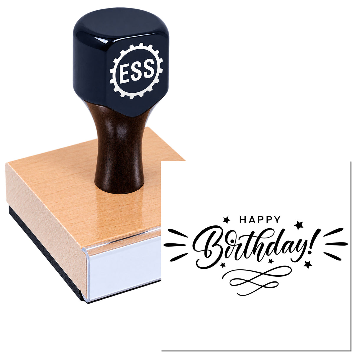 Black ESS rubber stamp on a wooden seal block beside a white Happy Birthday seal design
