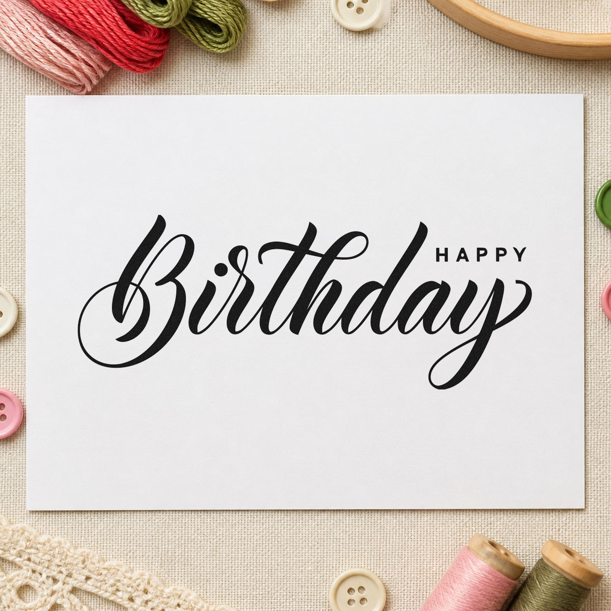 Birthday Script Small Happy craft stamp in black ink on cardstock, an easy option for order year album page.