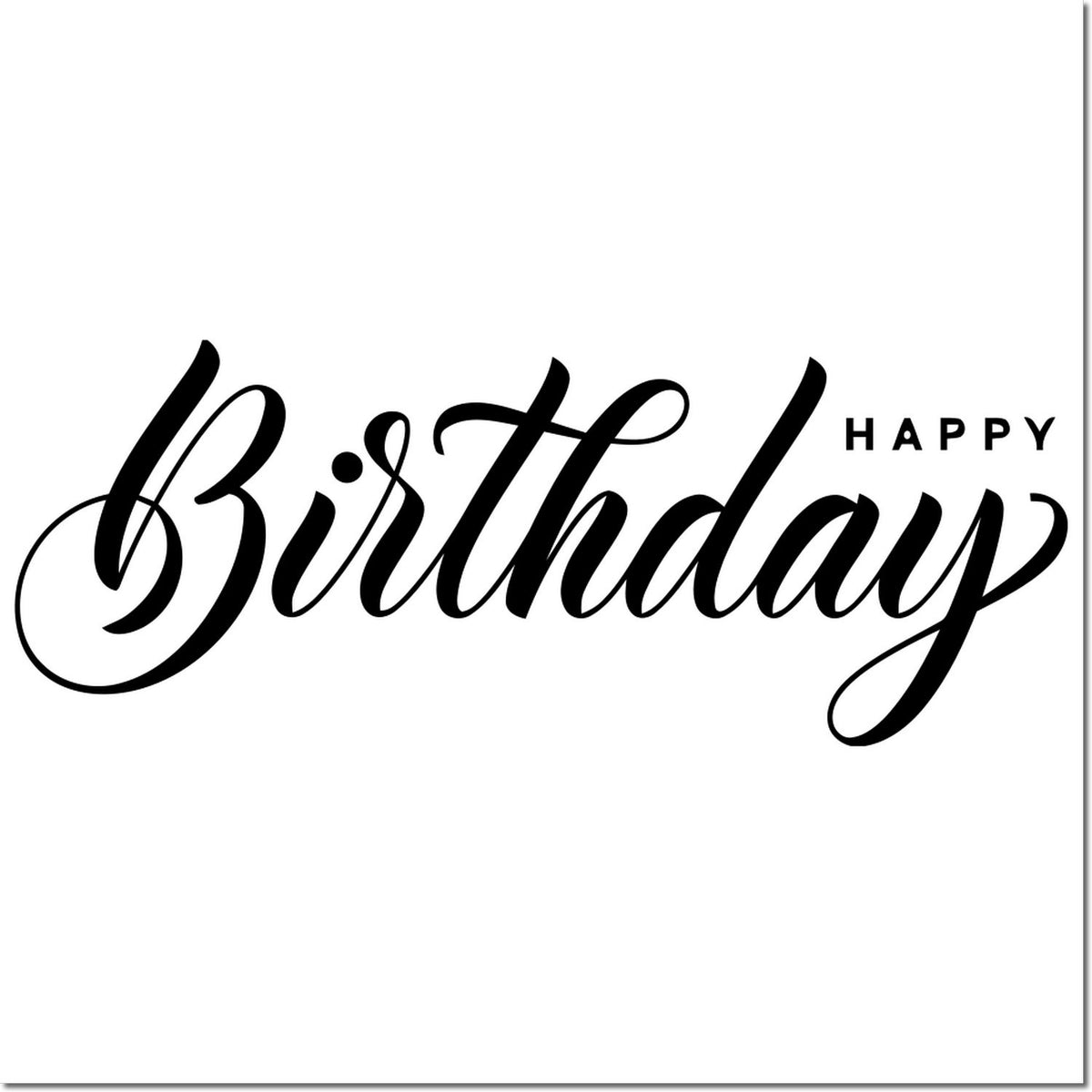 Black Happy Birthday calligraphy stamp and seal design in bold script on a white background, with elegant swirls and clean black text.