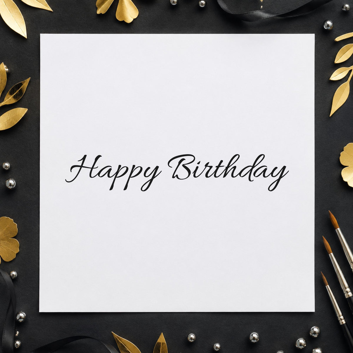 Happy Birthday Fine Script rubber stamp printed in black ink, ready for morning plan sheet and similar paper crafts.