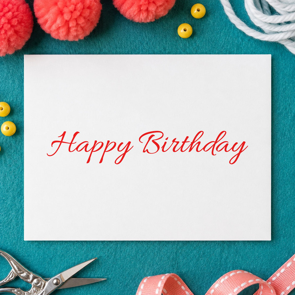 Happy Birthday Fine Script rubber stamp shown in red ink, stamped for projects such as bin breakfast labels.