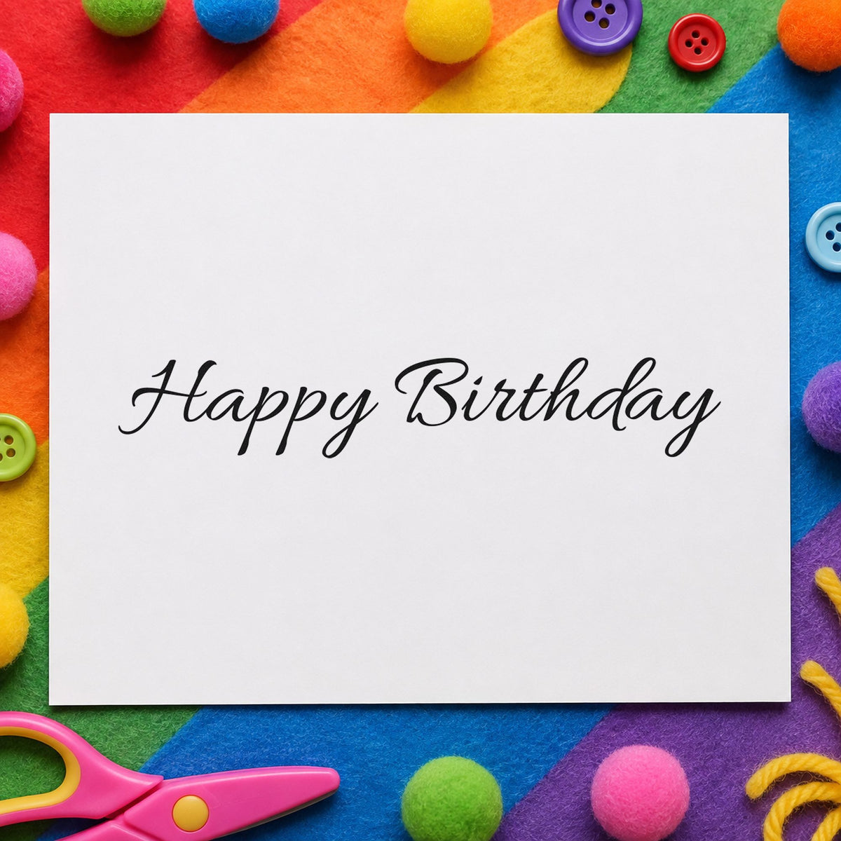 Happy Birthday Fine Script rubber stamp printed in black ink, ready for connected script cards and similar paper crafts.