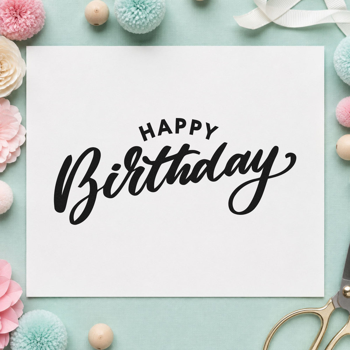 Happy Birthday Arched Heading rubber stamp printed in black ink, ready for change plan sheet and similar paper crafts.