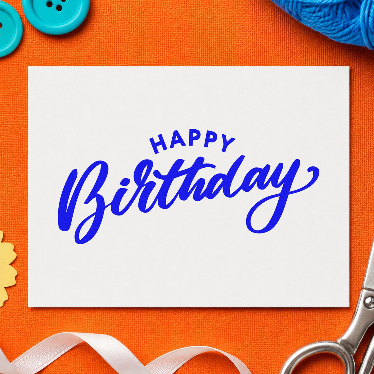 Happy Birthday Arched Heading craft stamp imprinted in blue ink on paper, a design suited to framed front window.