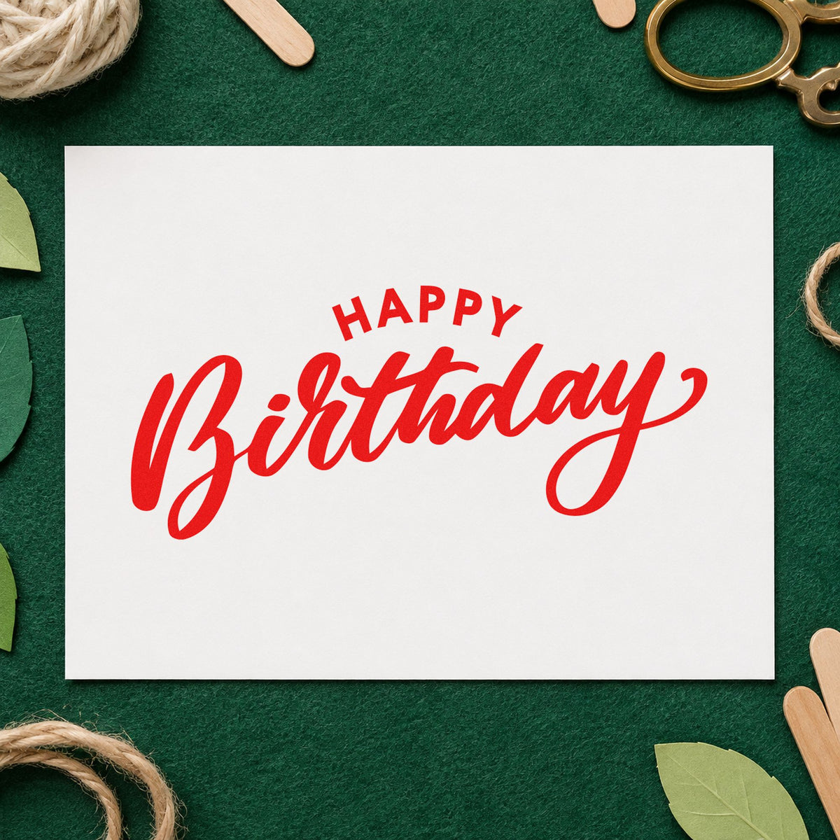Happy Birthday Arched Heading craft stamp imprint in red ink on a handmade project, one idea being order info cards.