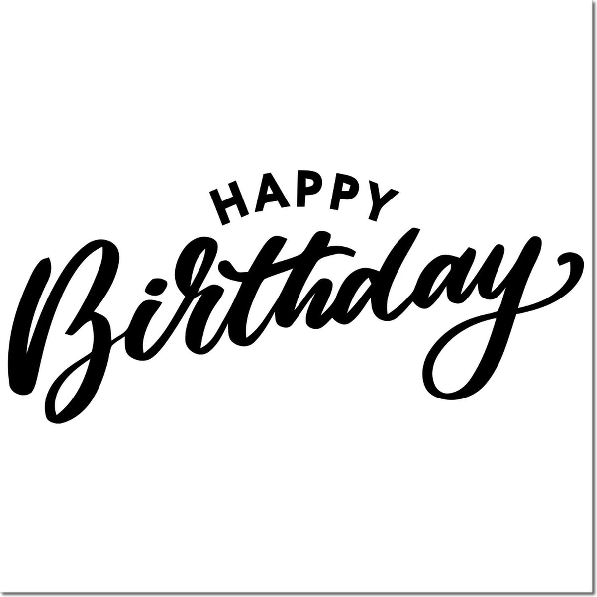 Black Happy Birthday stamp design in bold script on a white background, suitable for seal and stamp products.