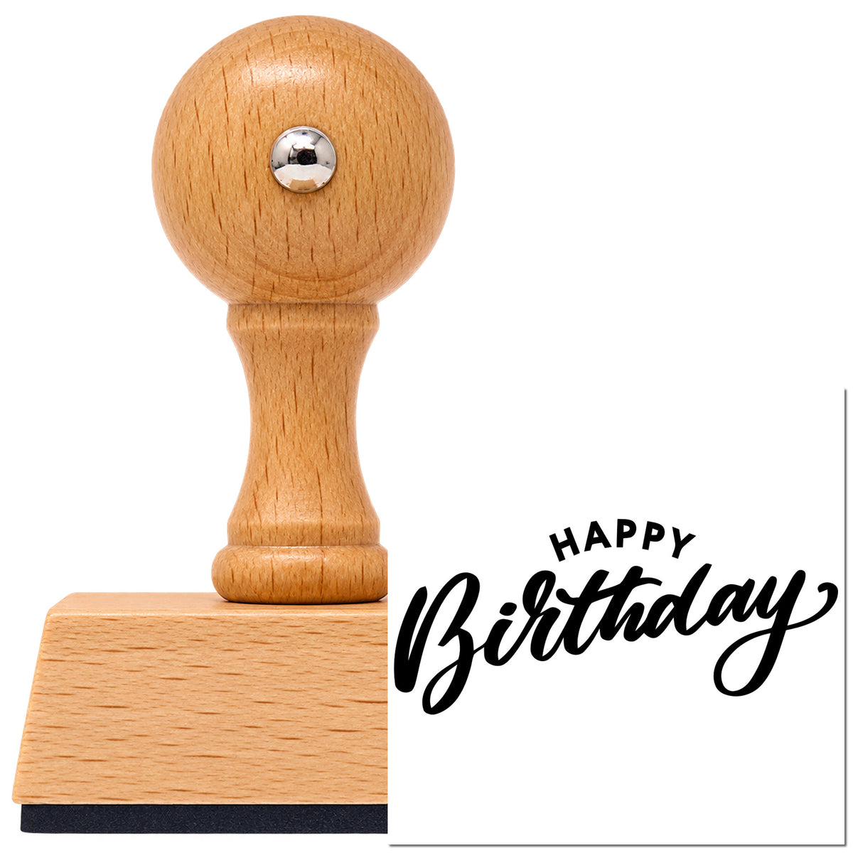 Vintage Pro beech wood stamp with a round knob handle, shown with its black Happy Birthday Arched Heading imprint on white.