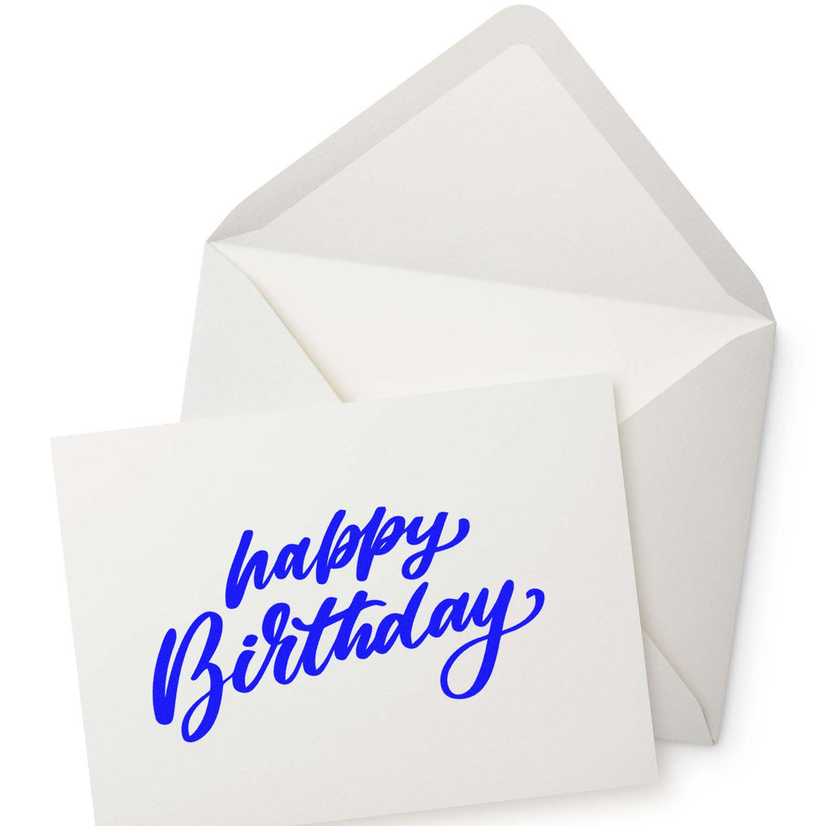 White birthday card with bright blue script and matching envelope, ideal for custom stamp and seal products.