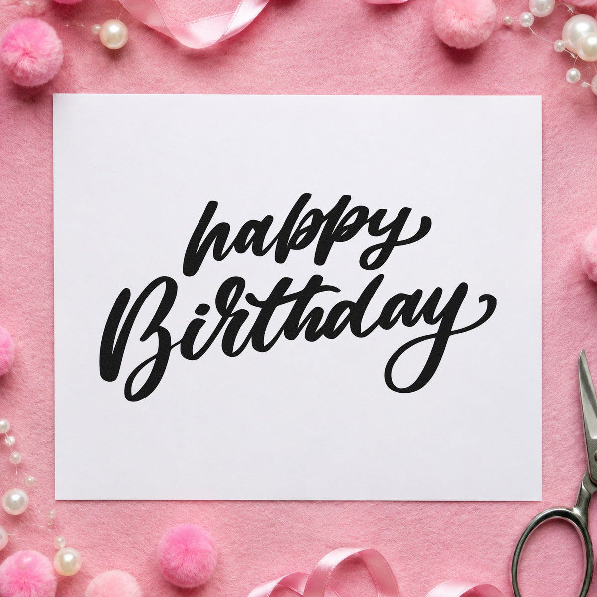 Happy Birthday Slanted Brush rubber stamp printed in black ink, ready for event book sheet and similar paper crafts.