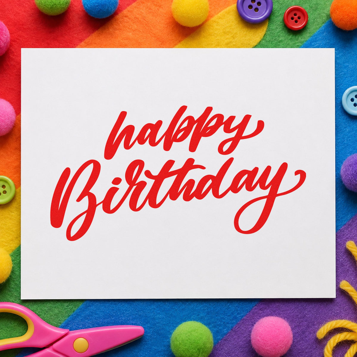 Happy Birthday Slanted Brush rubber stamp shown in red ink, stamped for projects such as bin stock labels.