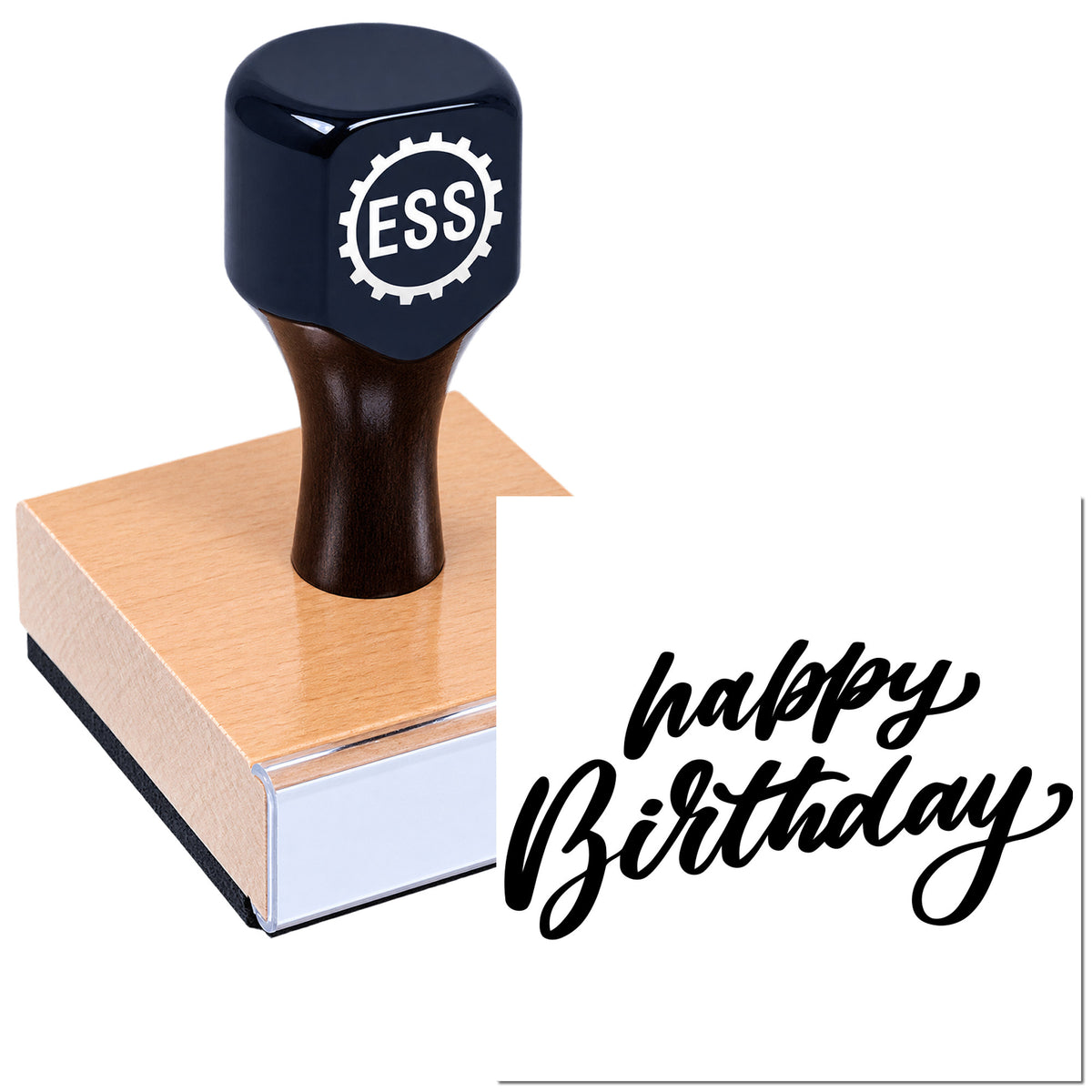 Black ESSI rubber stamp on pink sealing block with Happy Birthday text on white background.