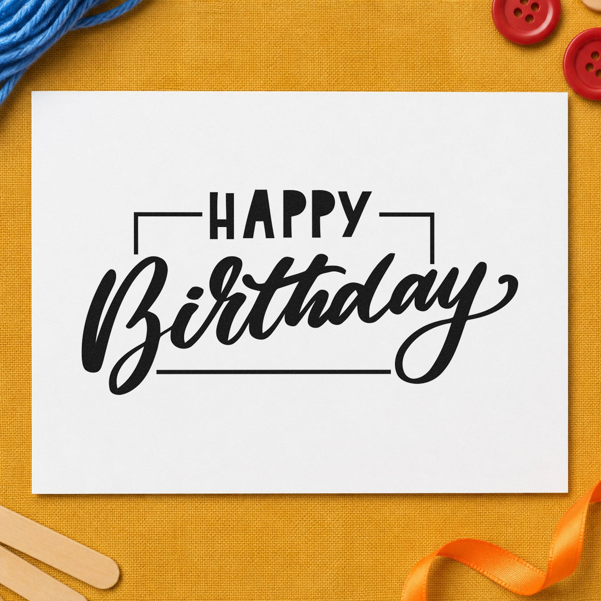 Birthday Script Rectangular Frame craft stamp imprint in black ink on a handmade project, one idea being sign set gift tags.