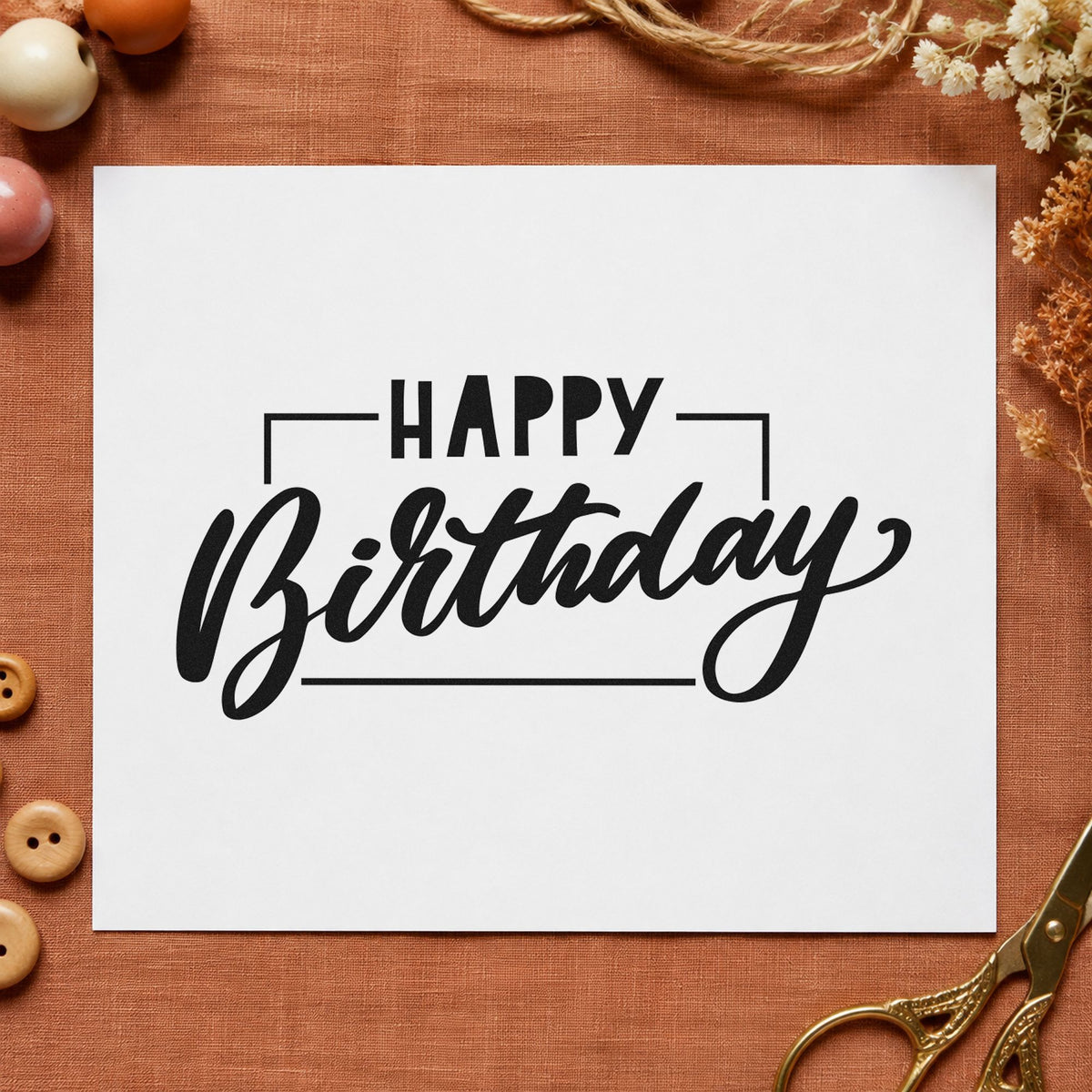 Birthday Script Rectangular Frame rubber stamp printed in black ink, ready for hire book sheet and similar paper crafts.
