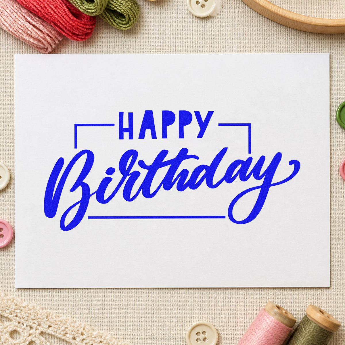 Birthday Script Rectangular Frame craft stamp imprinted in blue ink on paper, a design suited to framed store garage.