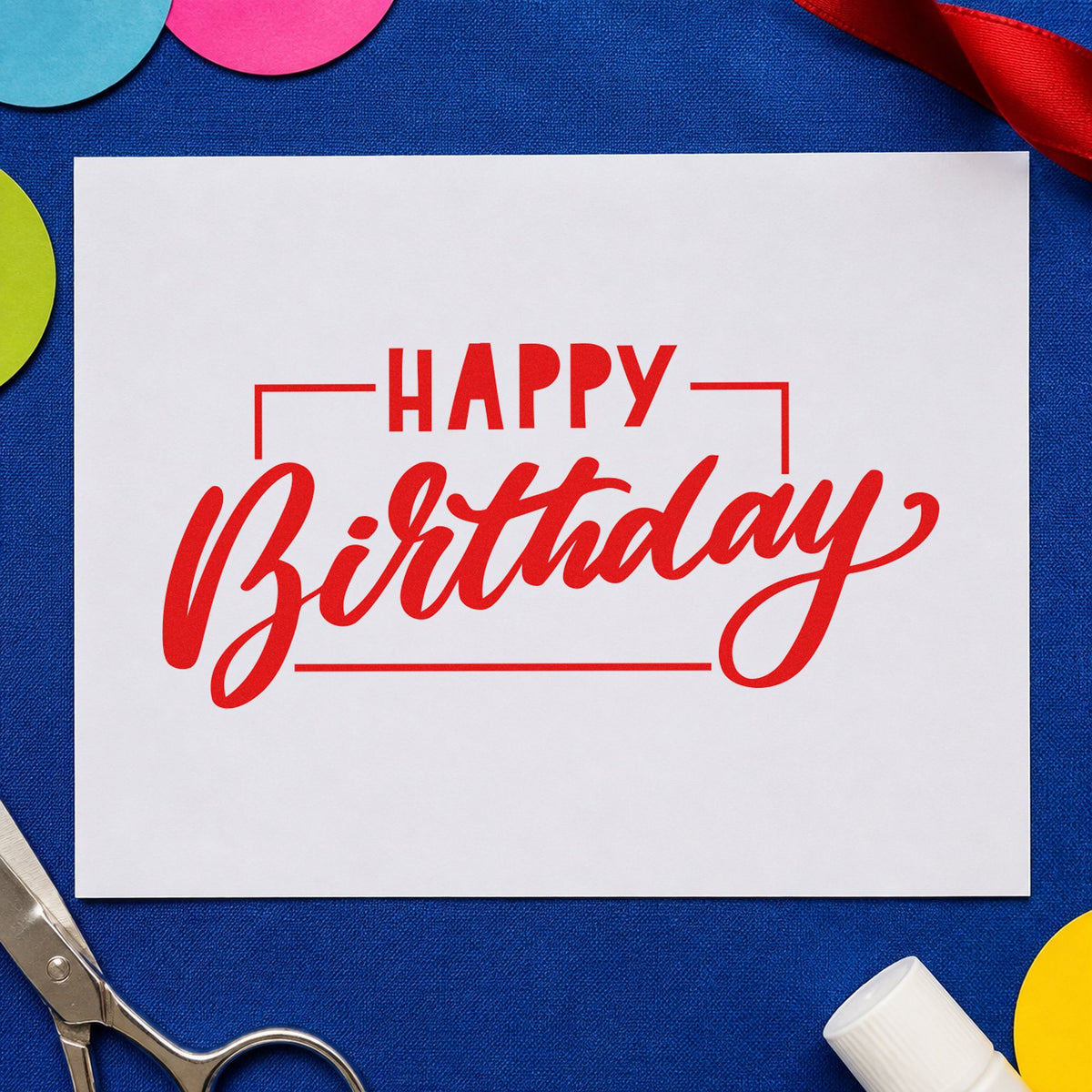 Birthday Script Rectangular Frame rubber stamp shown in red ink, stamped for projects such as bin letter labels.