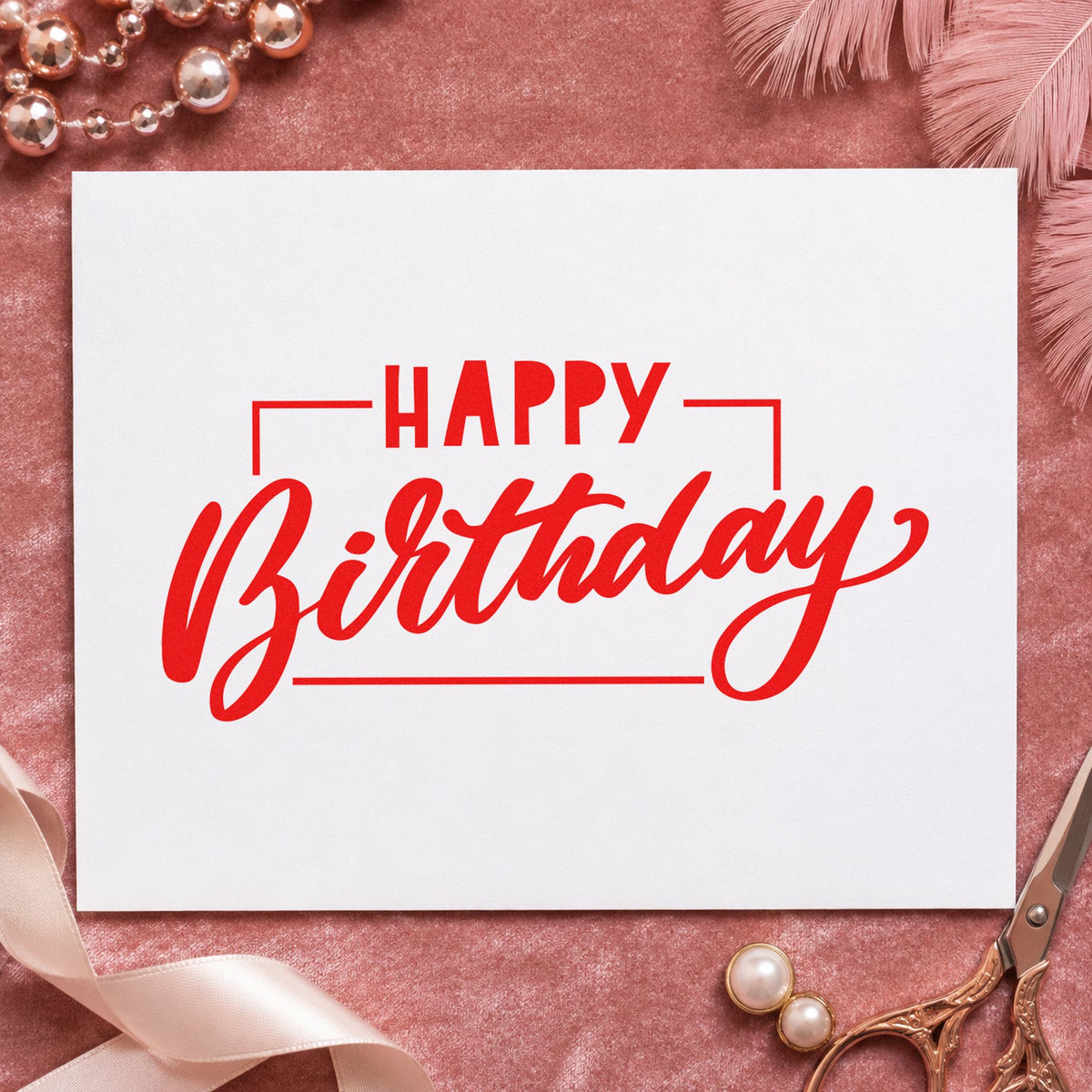 Birthday Script Rectangular Frame craft stamp imprint in red ink on a handmade project, one idea being setup note cards.
