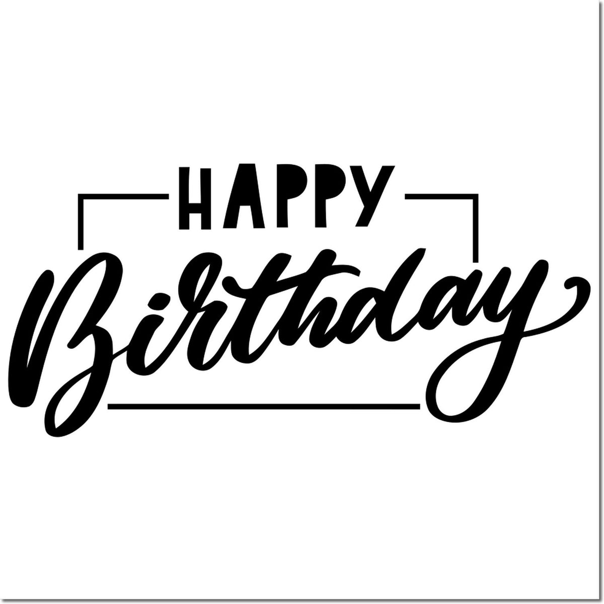 Black Happy Birthday stamp and seal design with bold script lettering and framing lines on a white background.