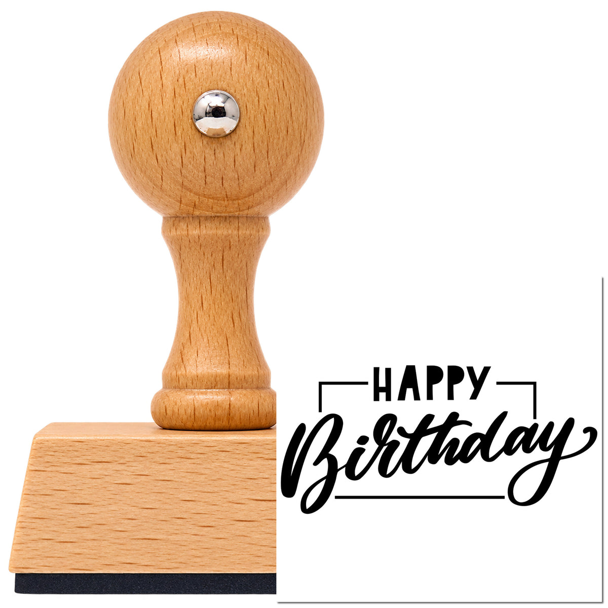 Vintage Pro beech wood stamp with a round knob handle, shown with its black Birthday Script Rectangular Frame imprint on white.