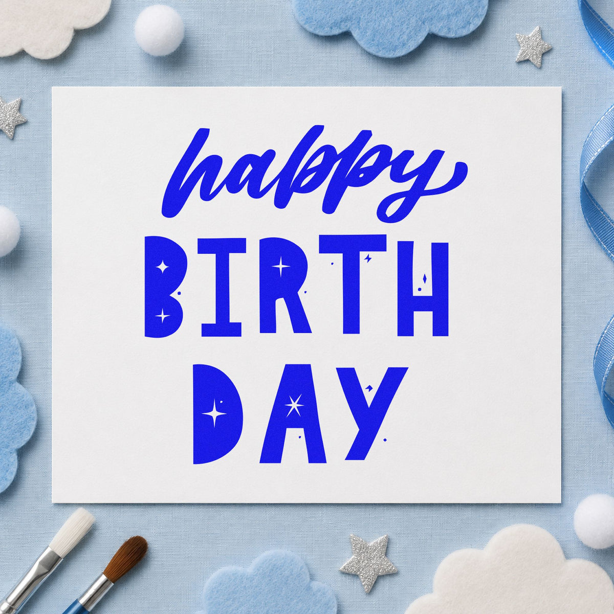 Happy Birthday Star Cutouts craft stamp in blue ink on cardstock, an easy option for car blanket printing.