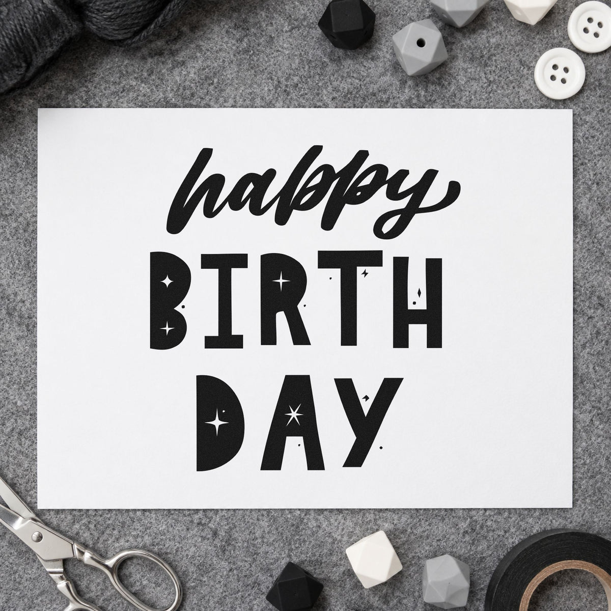 Happy Birthday Star Cutouts rubber stamp printed in black ink, ready for block cutout cards and similar paper crafts.