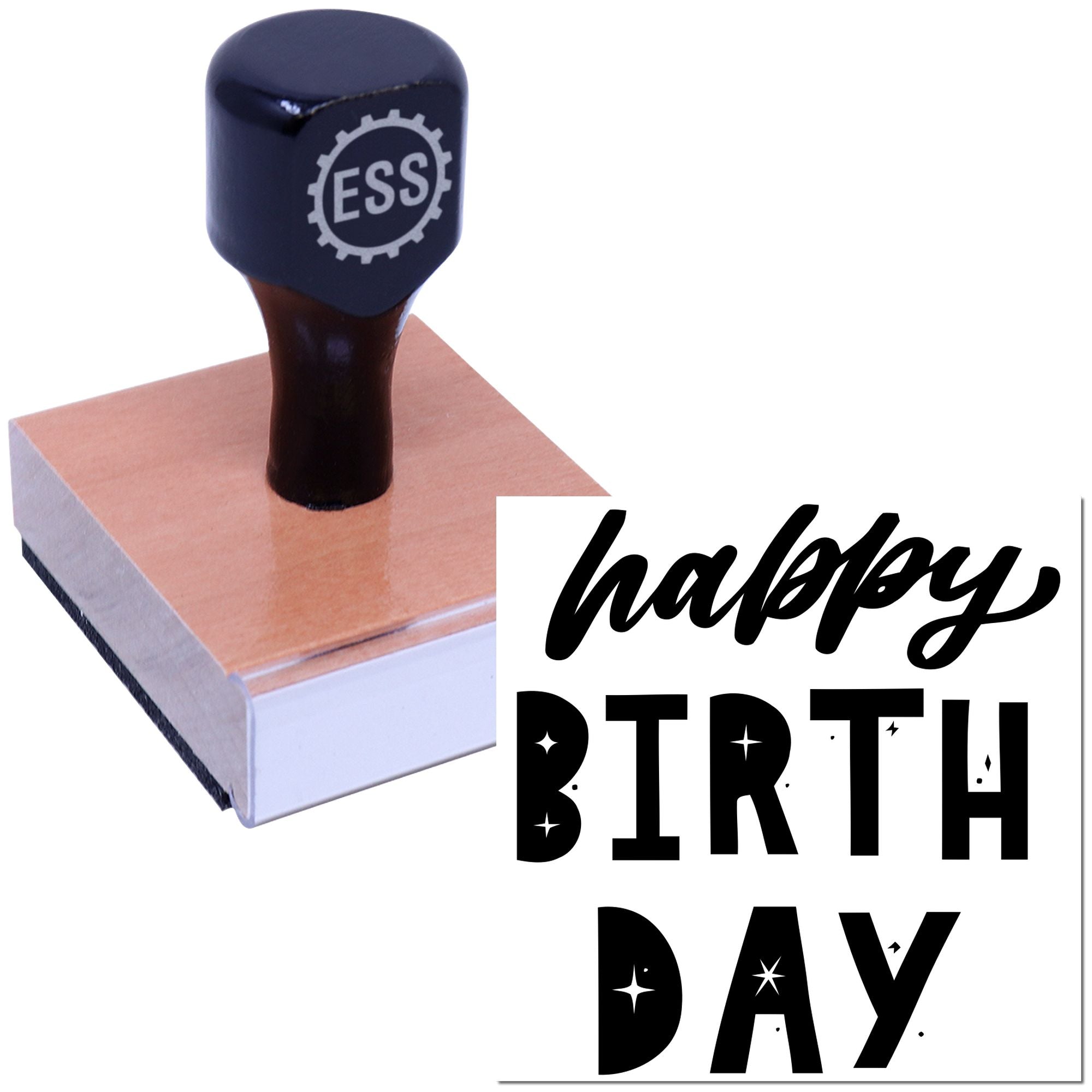 Black ESS stamp on peach rubber seal block with happy BIRTH DAY design in bold black lettering on white background.