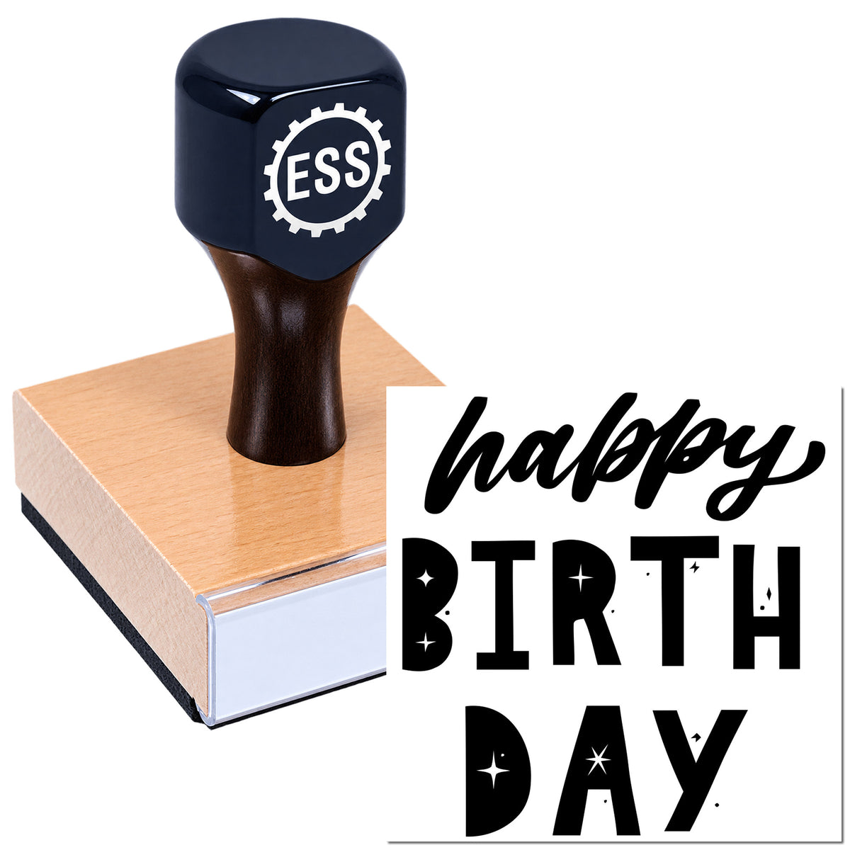 Black ESS stamp on peach rubber seal block with "happy BIRTH DAY" design in bold black lettering on white background.