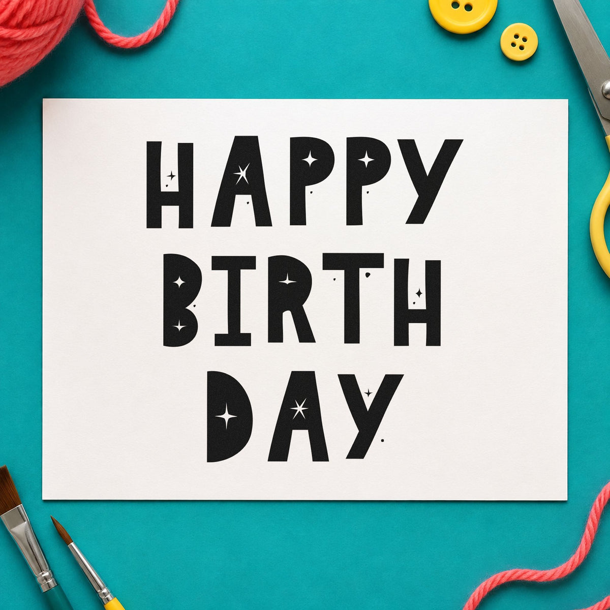 Birthday Block Star Cutouts rubber stamp printed in black ink, ready for three line cards and similar paper crafts.