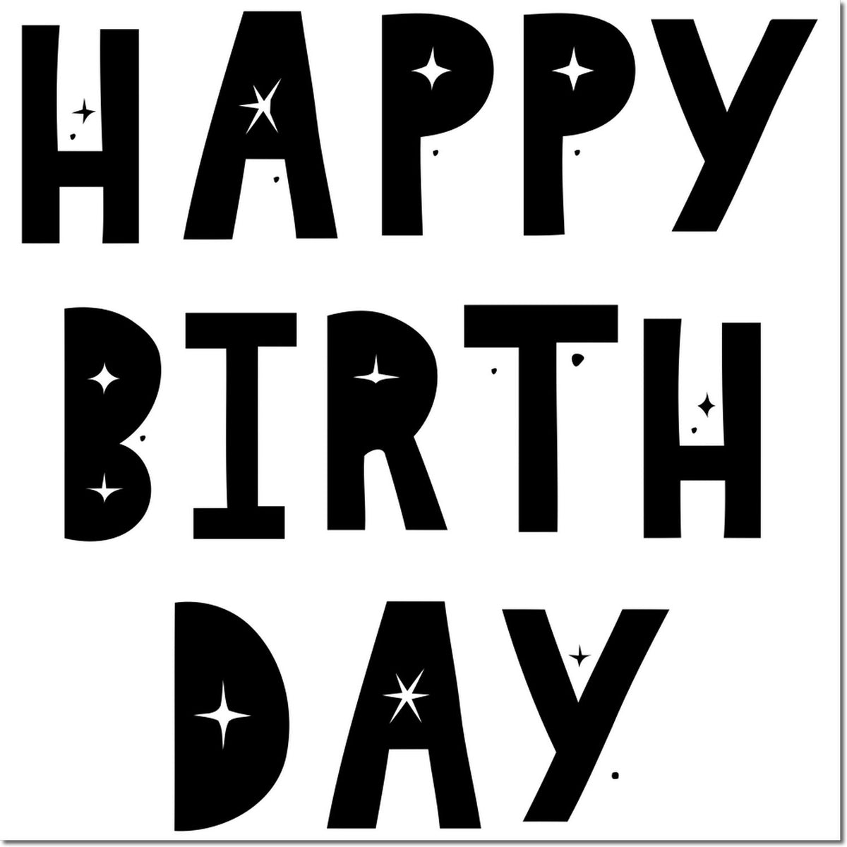 Black HAPPY BIRTH DAY stamp seal with bold block letters, sparkle accents, and a white background.