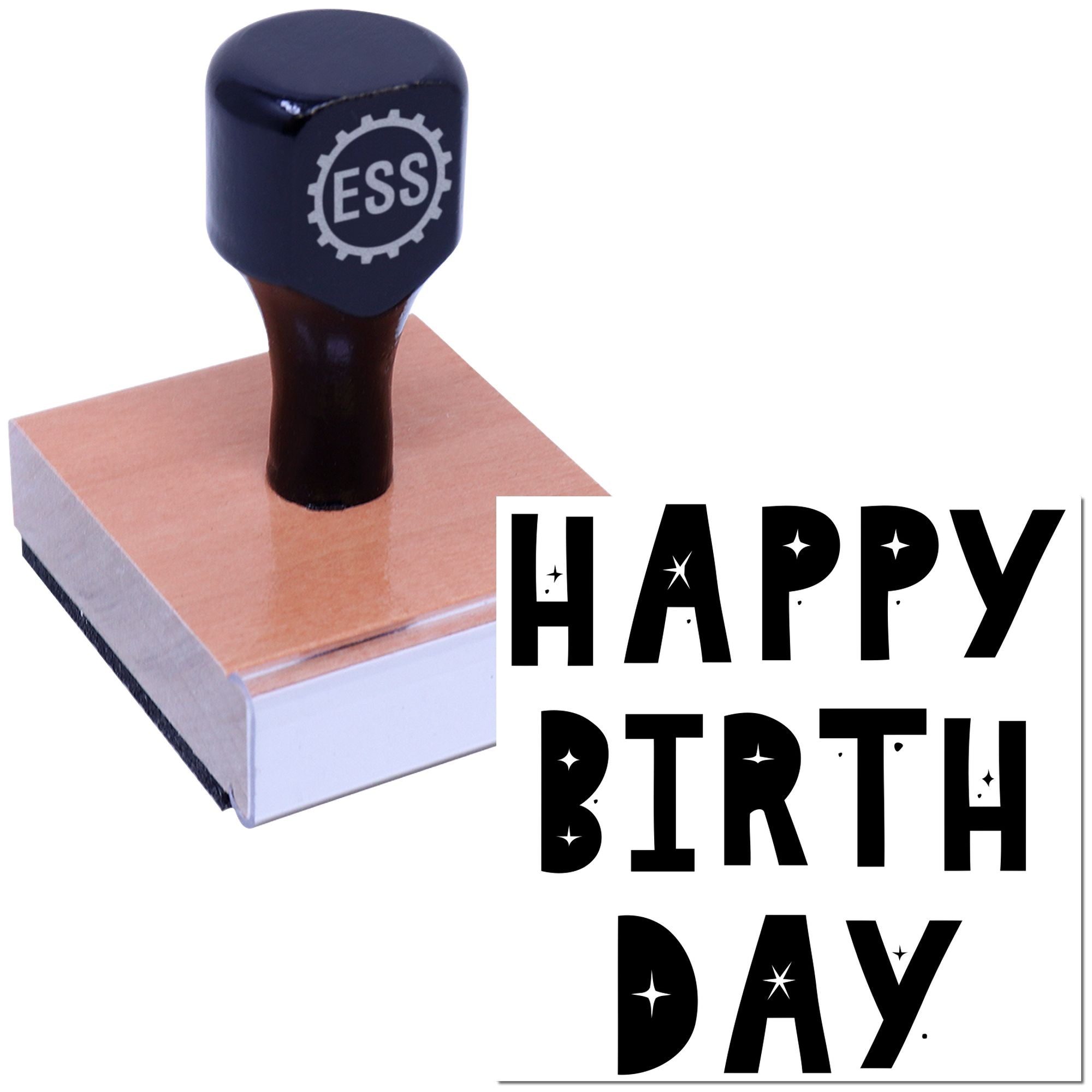 Black ESS stamp on a pink seal block with bold HAPPY BIRTHDAY text on a white background.