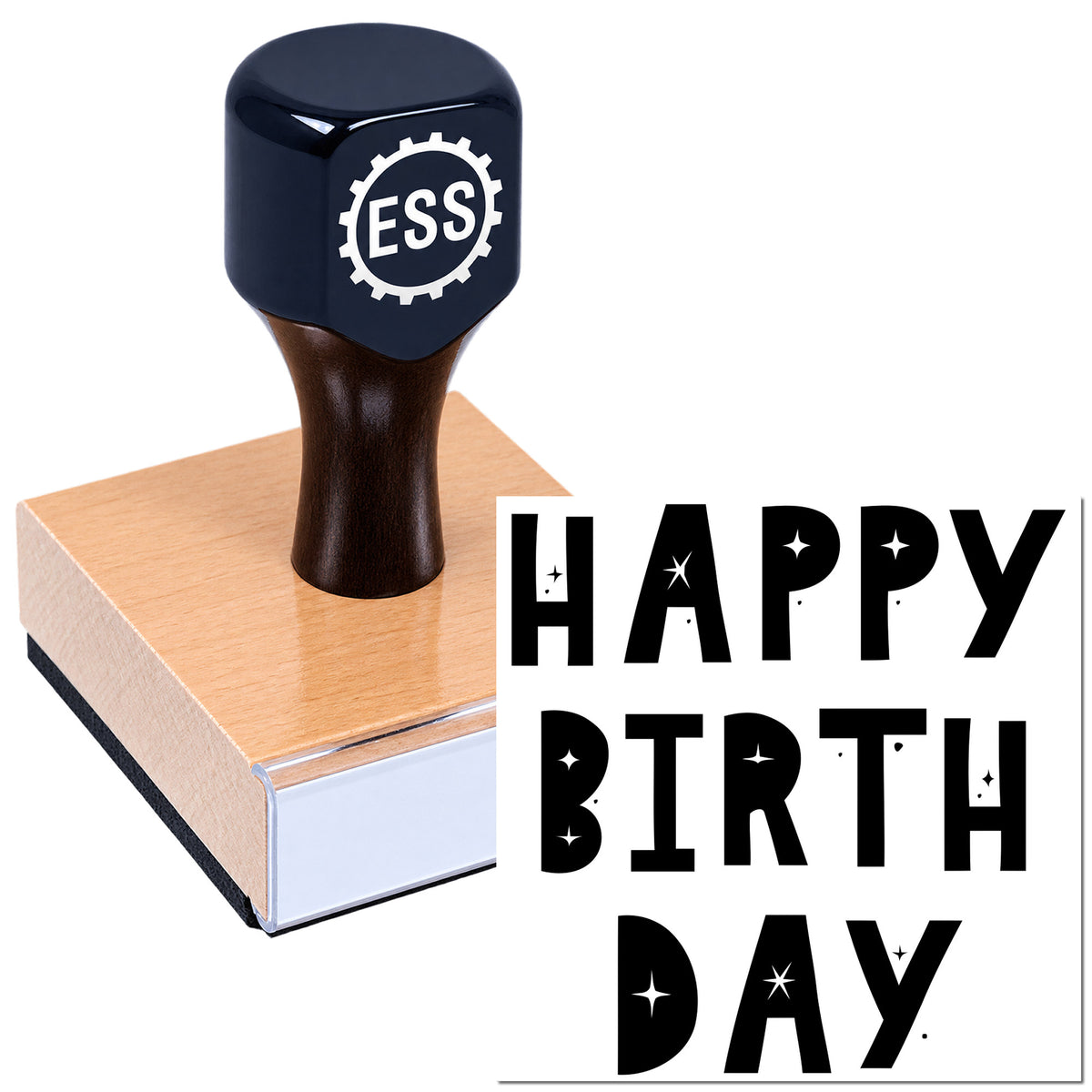 Black ESS stamp on a pink seal block with bold "HAPPY BIRTHDAY" text on a white background.