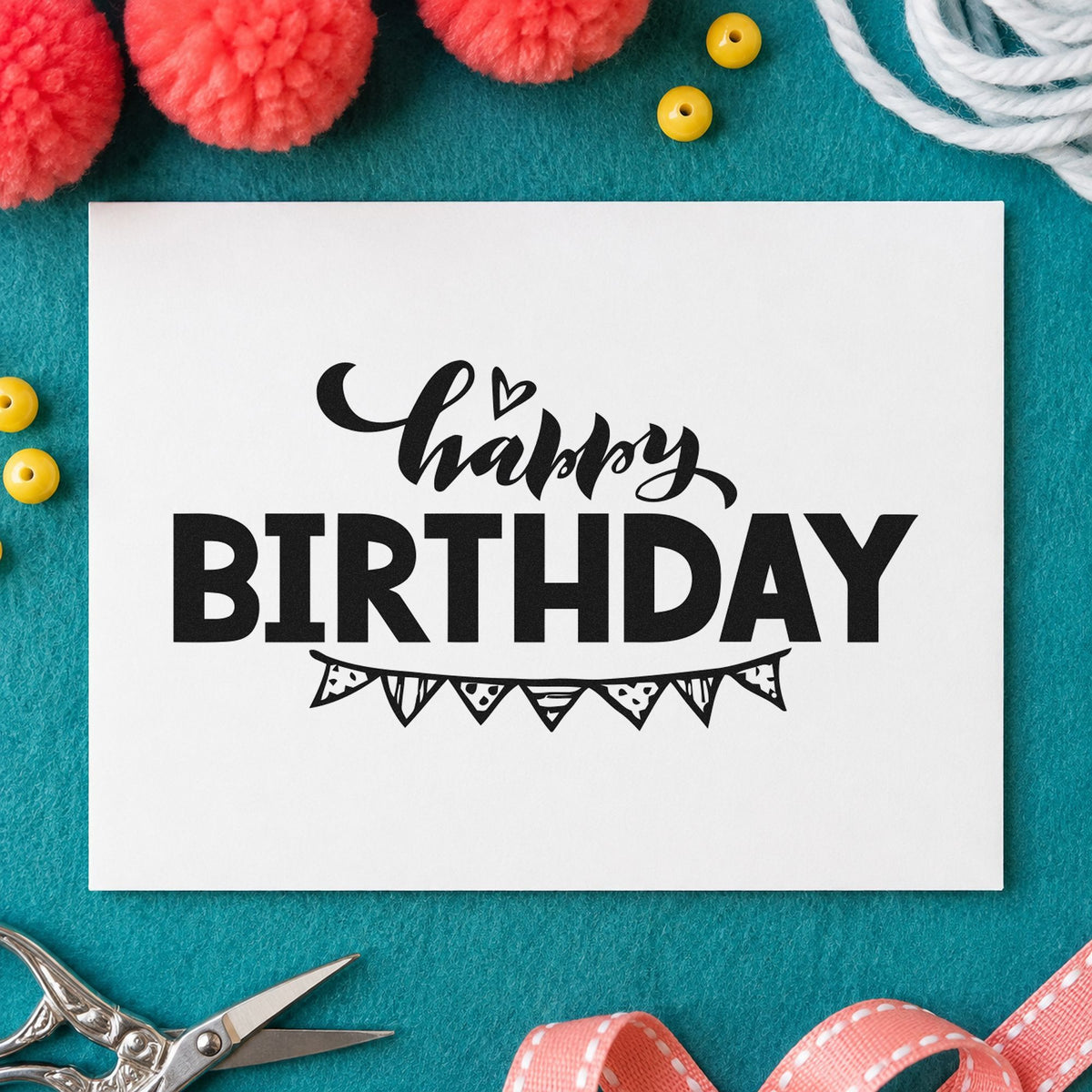 Happy Birthday Pennant Underline craft stamp imprint in black ink on a handmade project, one idea being door treat gift tags.