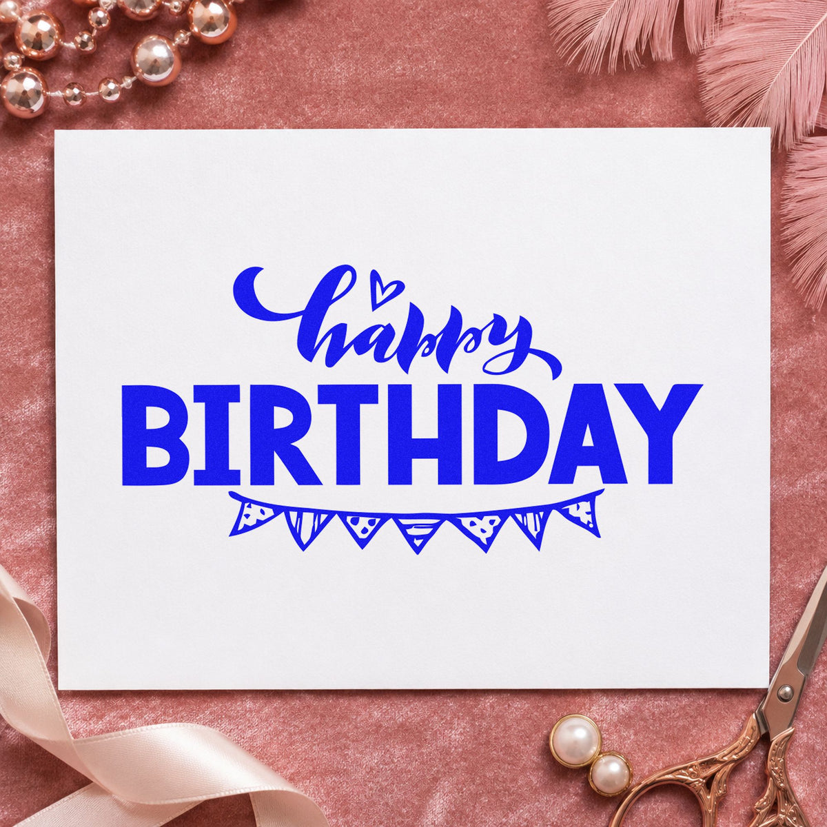 Happy Birthday Pennant Underline craft stamp imprinted in blue ink on paper, a design suited to framed front porch.