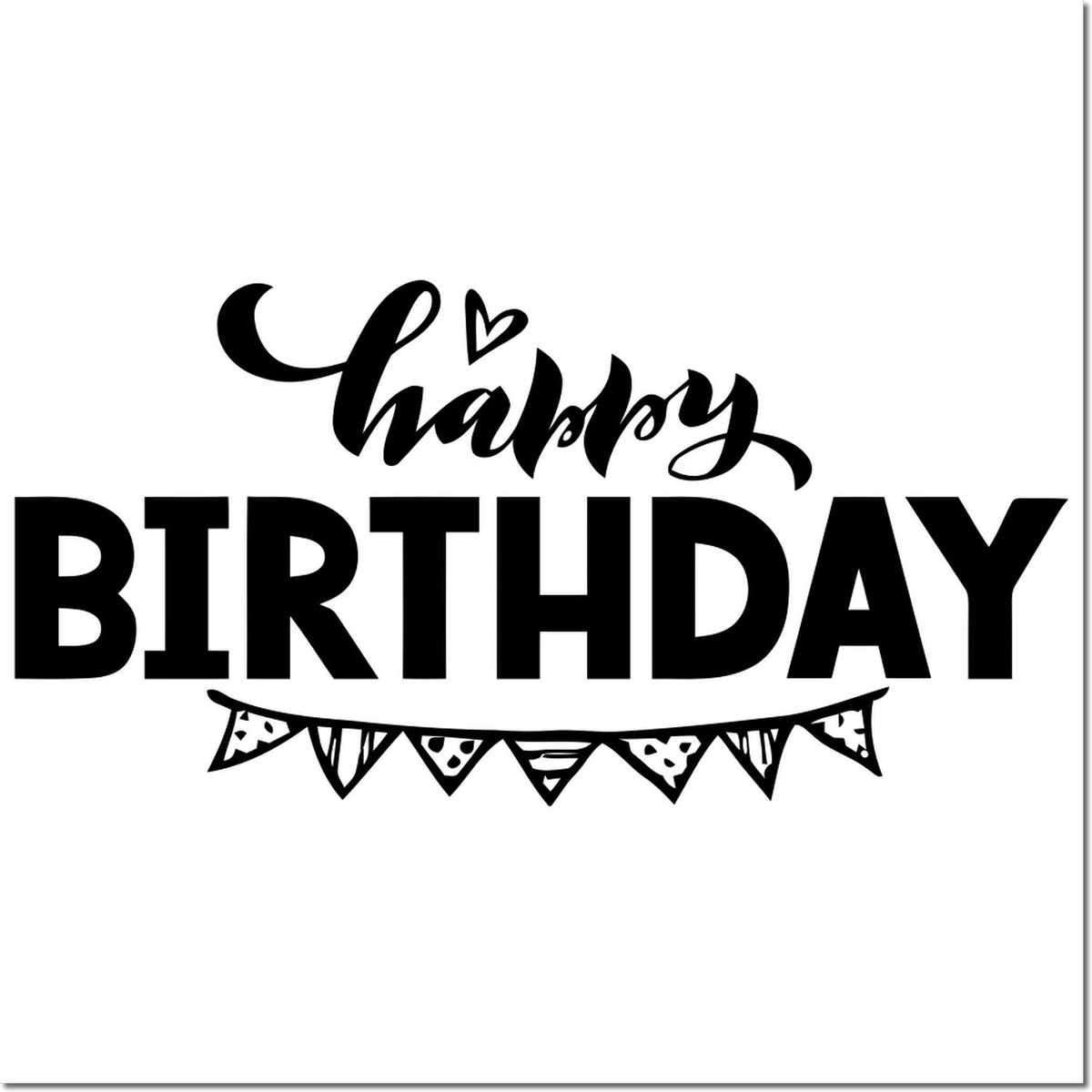 Black Happy Birthday stamp and seal design with heart, bold lettering, and bunting on white background.