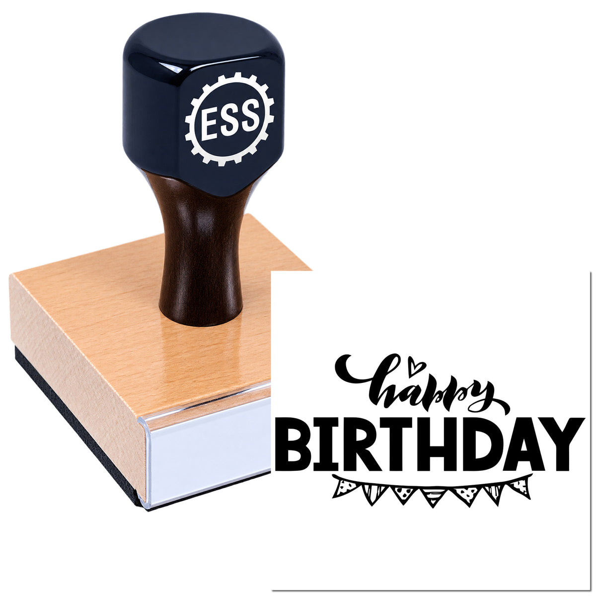 Black ESS stamp and seal on pink wooden block beside white card with bold black happy BIRTHDAY design.