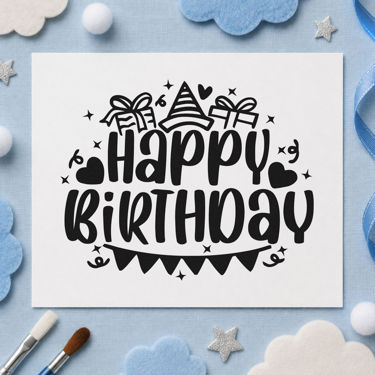 Birthday Gifts Hat Bunting craft stamp imprint in black ink on a handmade project, one idea being loan toy gift tags.