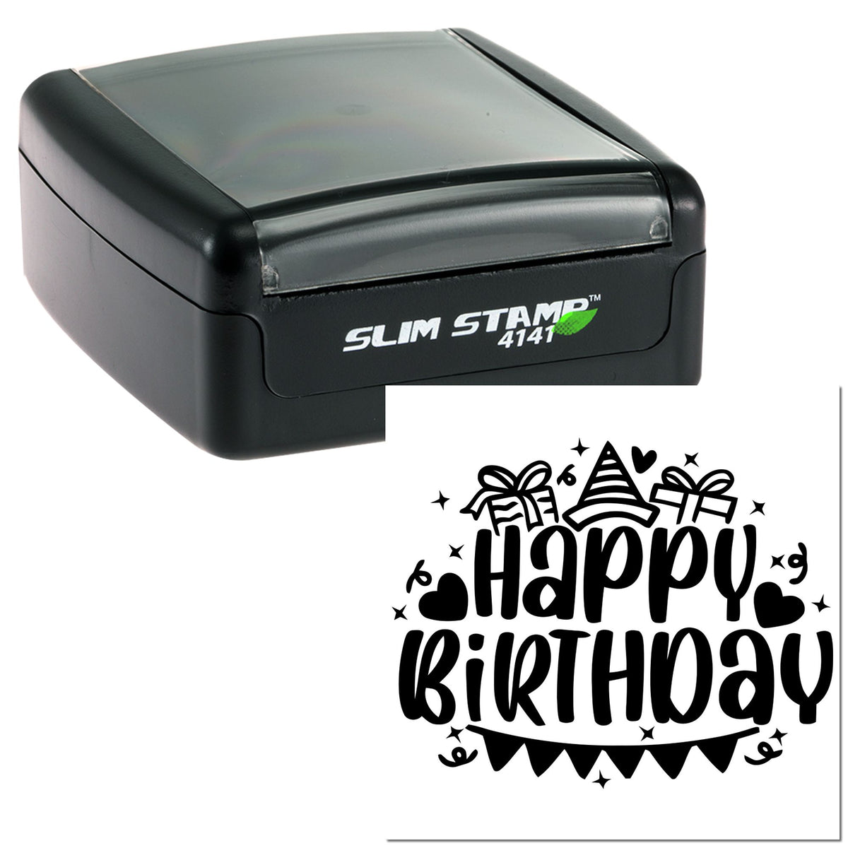 Black Slim Stamp self-inking seal with translucent gray lid and Happy Birthday decorative birthday stamp design.