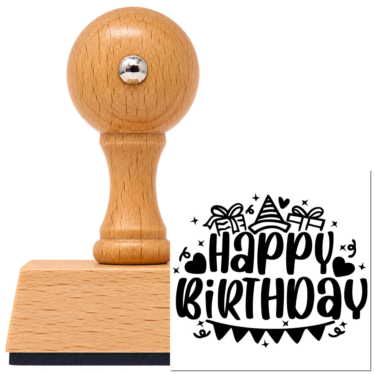 Vintage Pro beech wood stamp with a round knob handle, shown with its black Birthday Gifts Hat Bunting imprint on white.