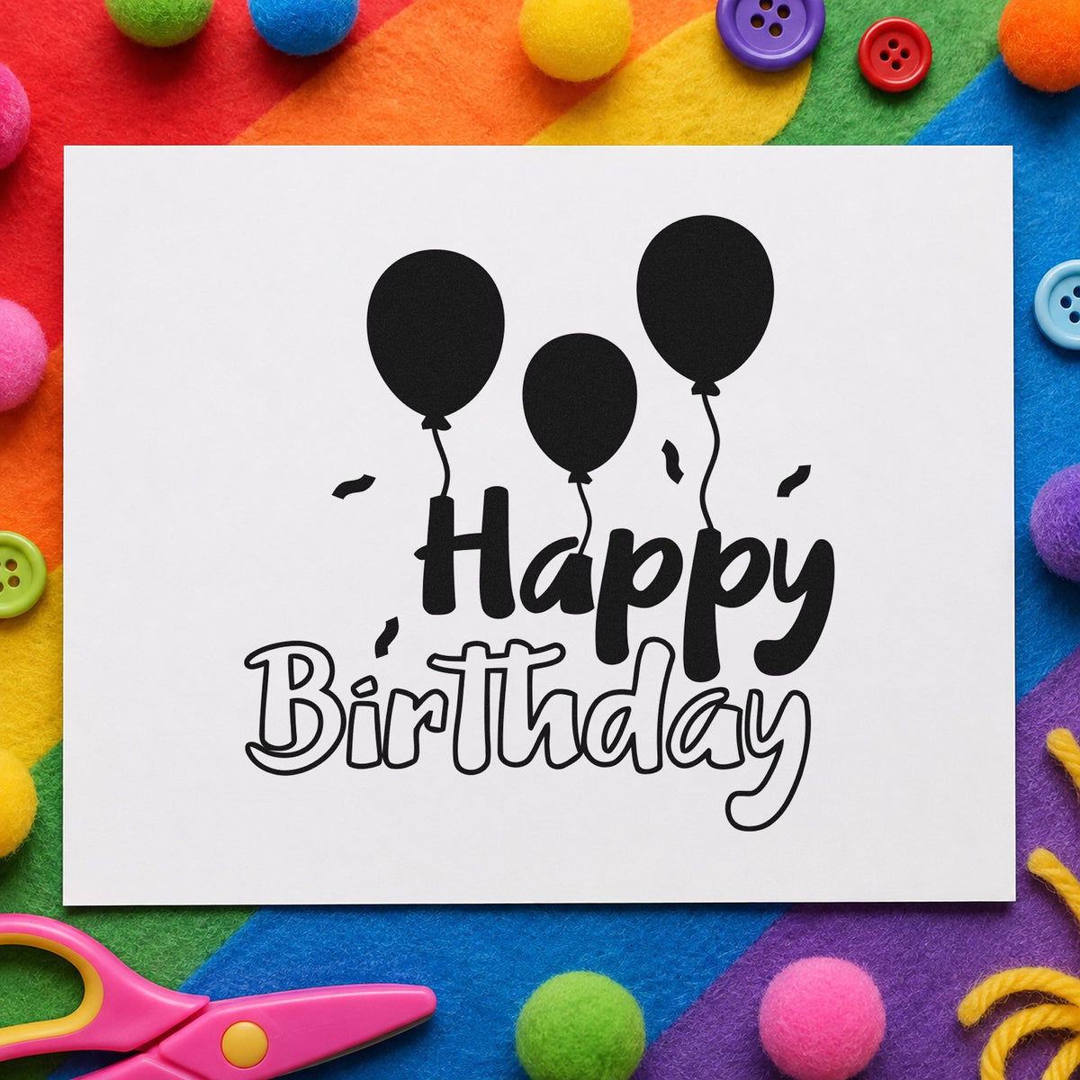 Birthday Three Solid Balloons craft stamp imprint in black ink on a handmade project, one idea being name bag gift tags.