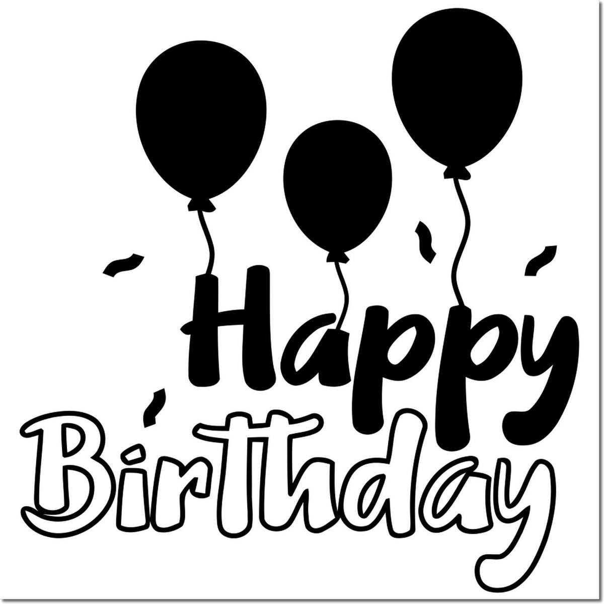 Black Happy Birthday stamp seal with three balloons and confetti on white background